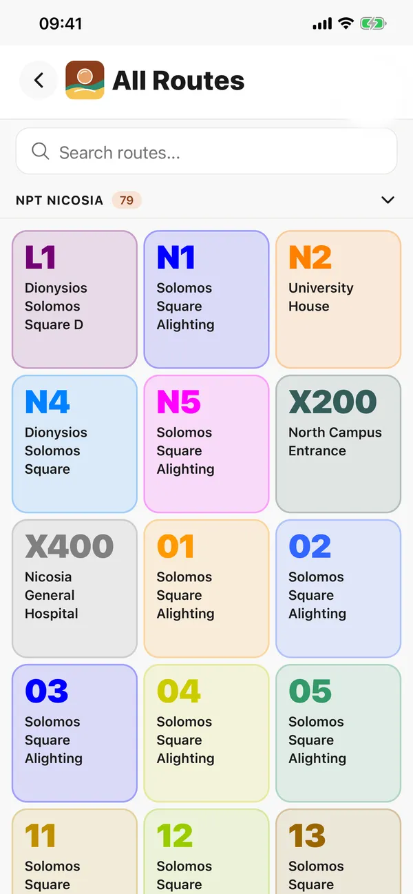 Cyprus Bus Guide’s All Routes screen: Nicosia routes listed as coloured tiles, each with its route number and terminus.