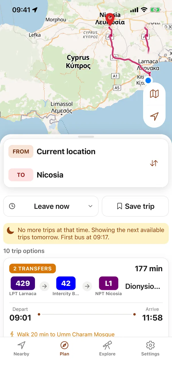 Cyprus Bus Guide’s Plan screen: a journey from the current location to Nicosia drawn on the island map, with a trip option that changes twice.