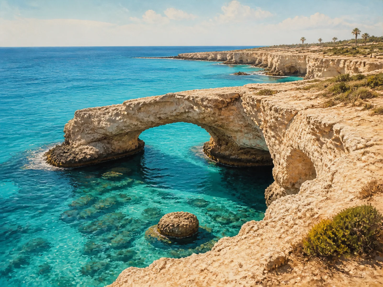 Illustrated Ayia Napa coastline with pale stone arches and turquoise water