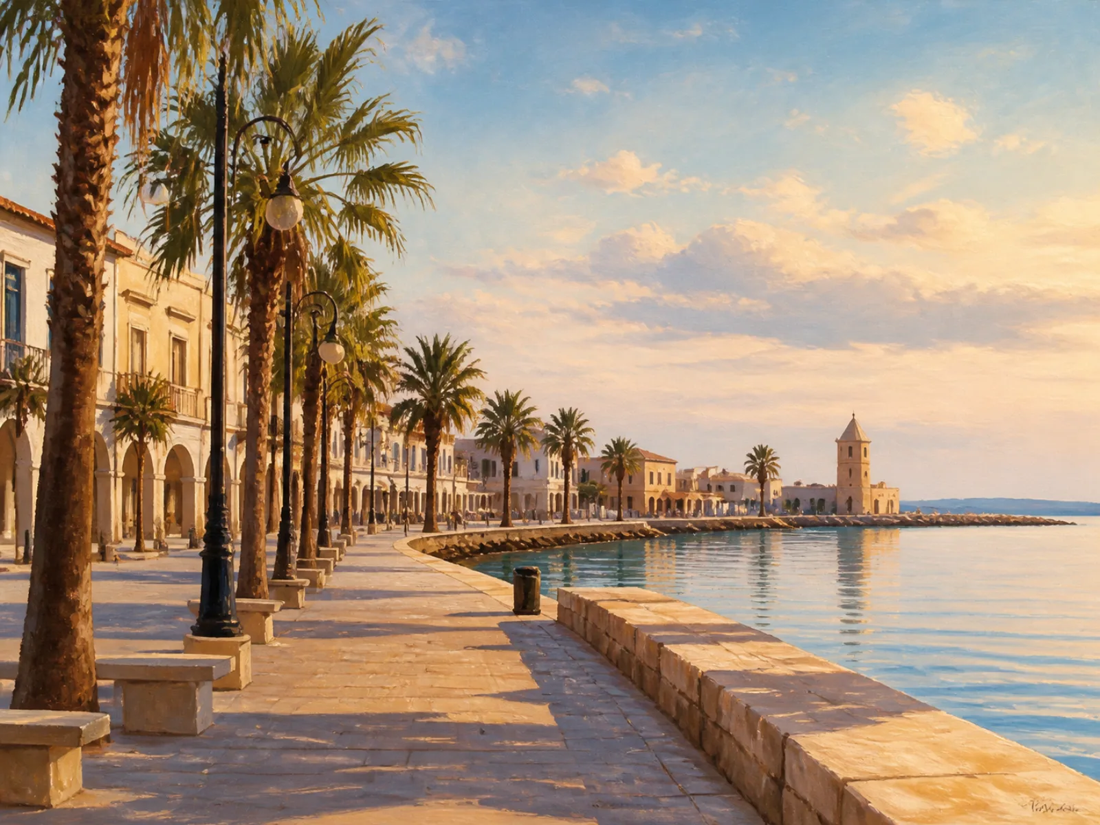 Illustrated Larnaca seafront with palm trees and warm evening light