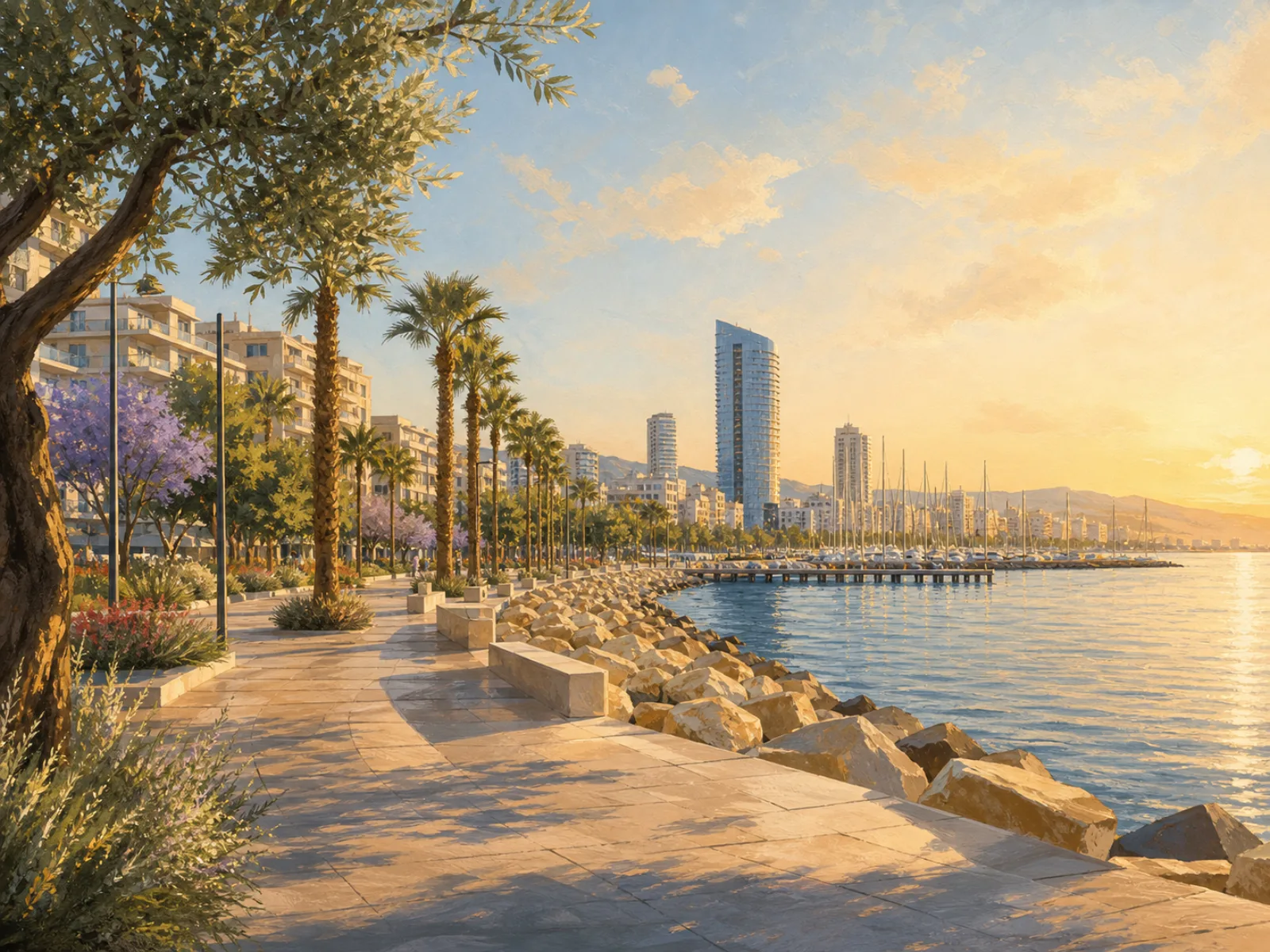 Illustrated Limassol promenade and marina skyline at golden hour