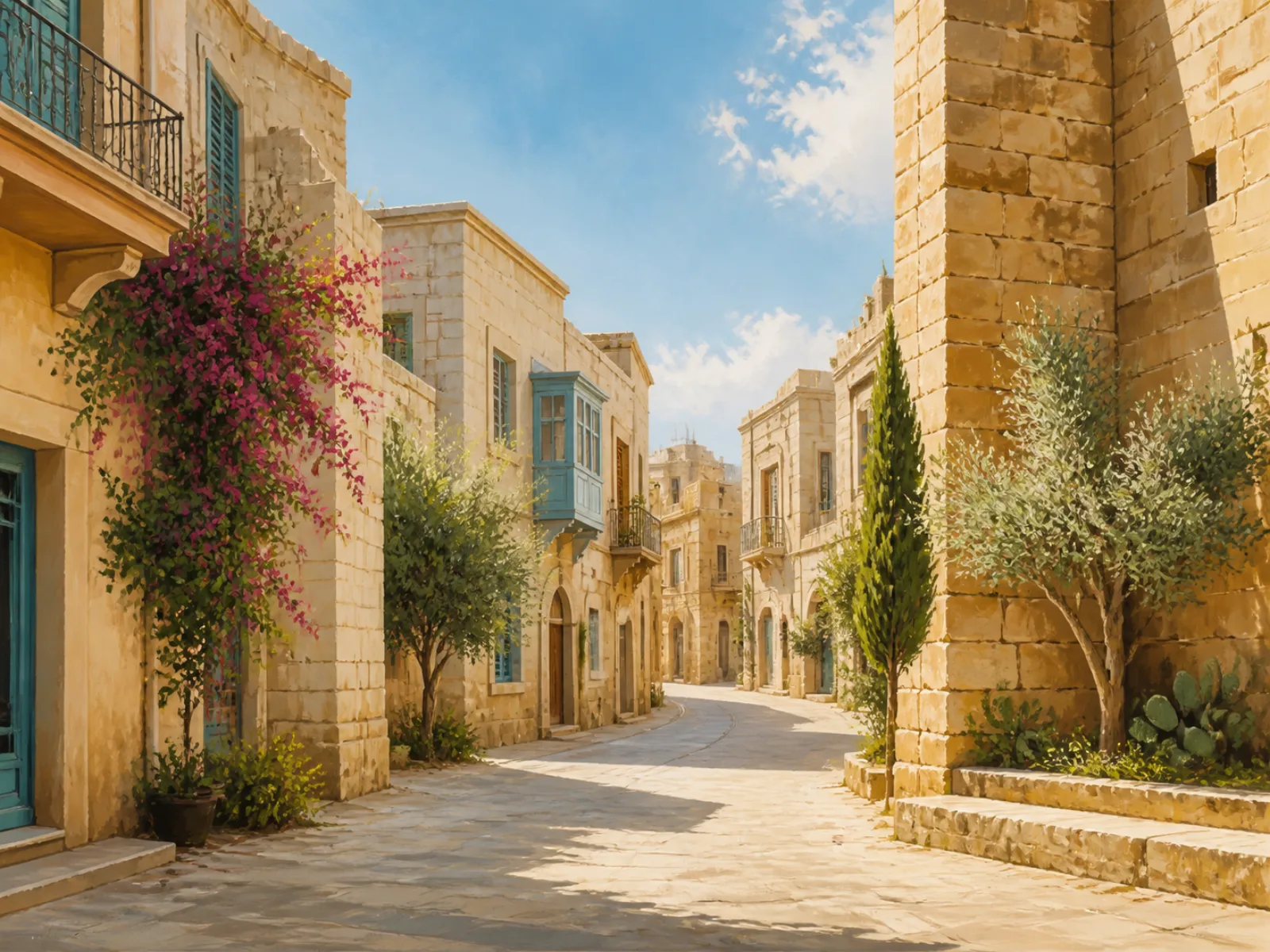 Illustrated Nicosia streets framed by Venetian walls and warm limestone facades