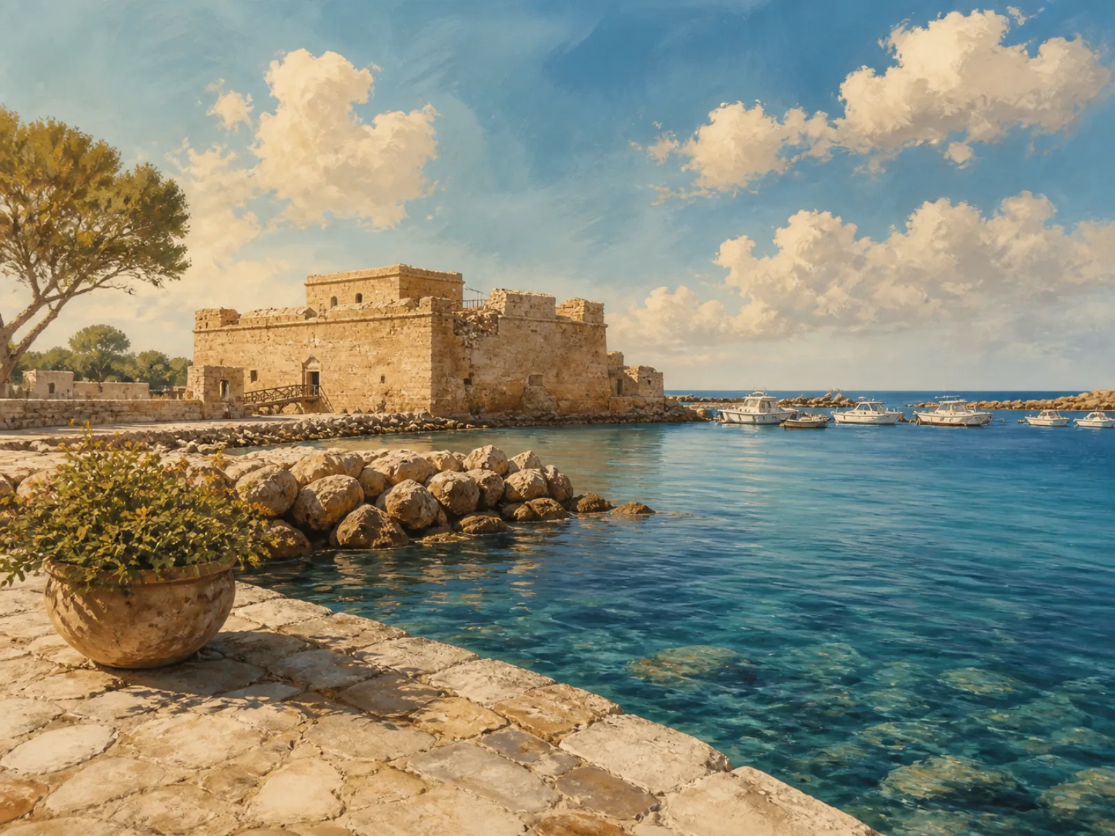 Illustrated Paphos harbour and fort beside blue Mediterranean water