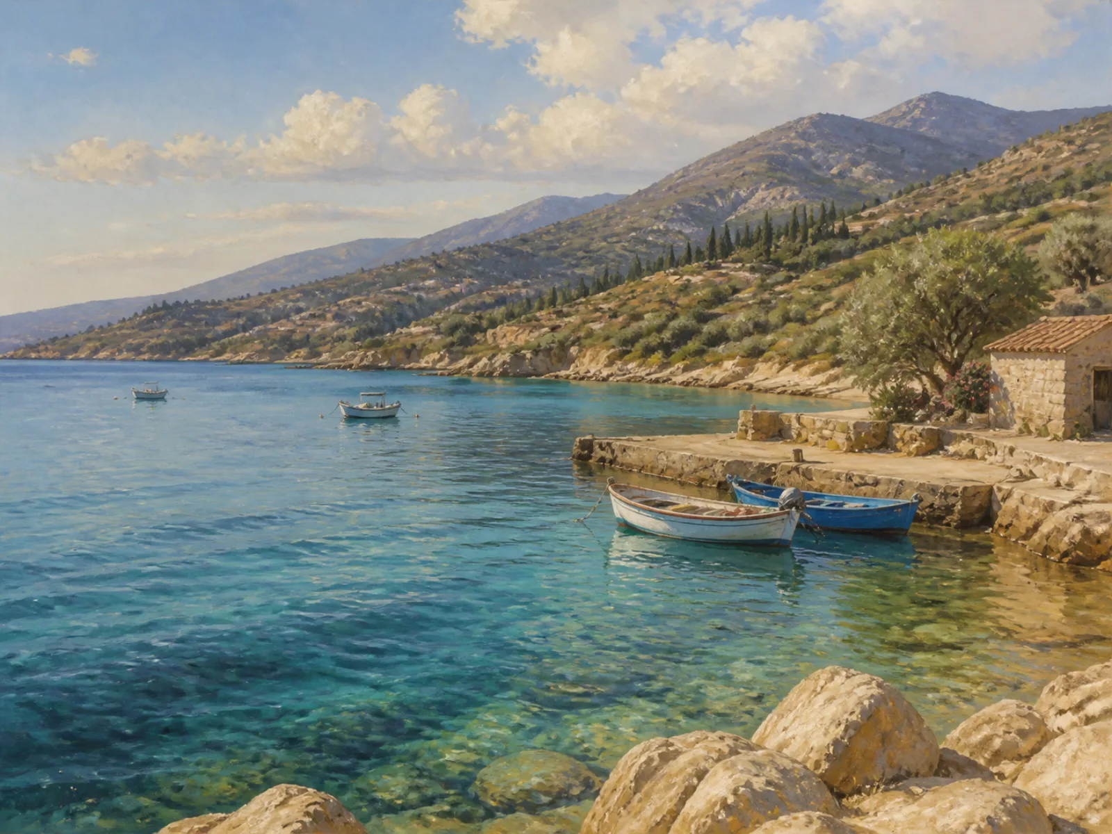 Illustrated west Cyprus bay with low hills and a quiet harbour