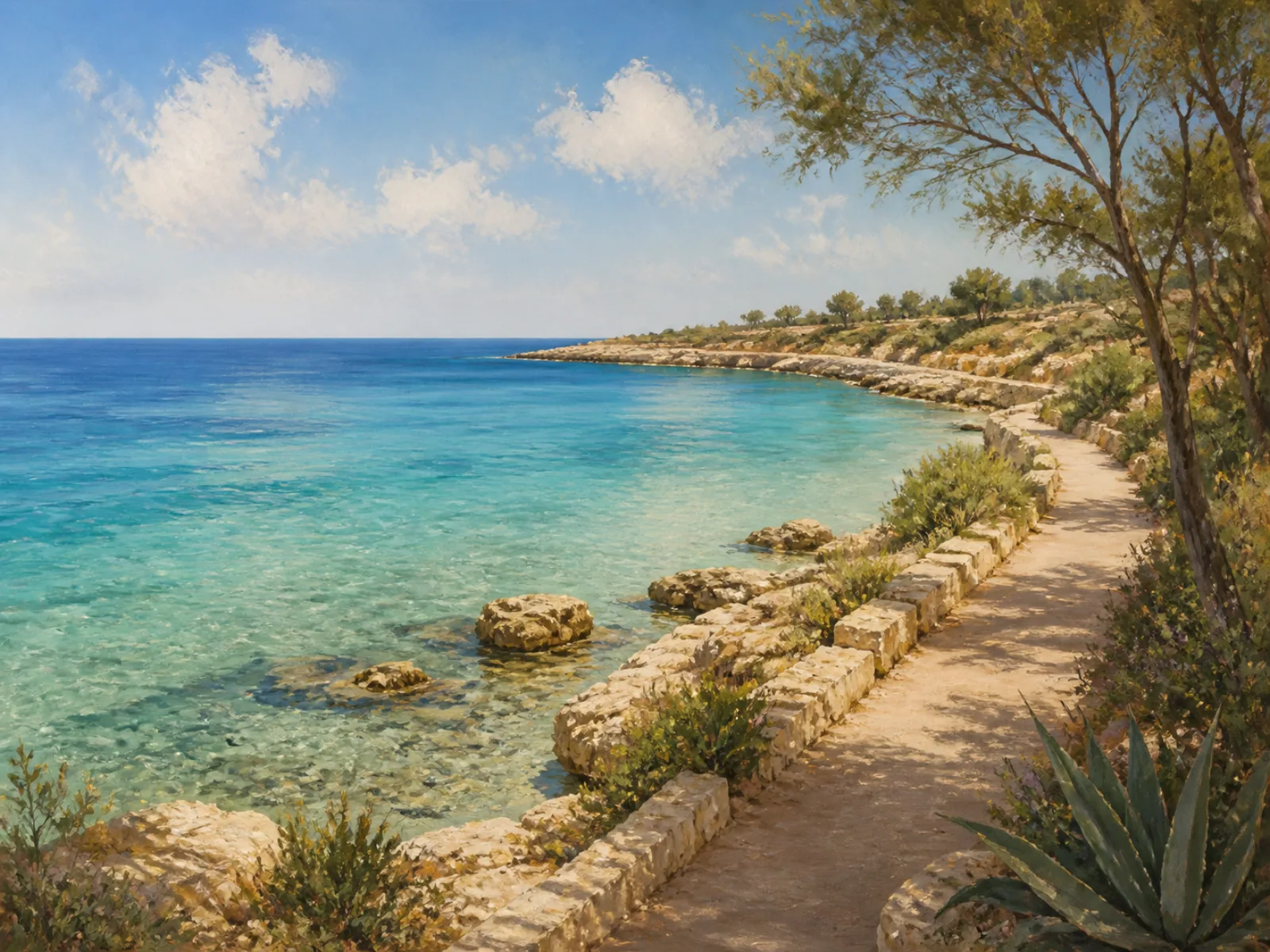 Illustrated Protaras bay and coastal path beside clear blue water