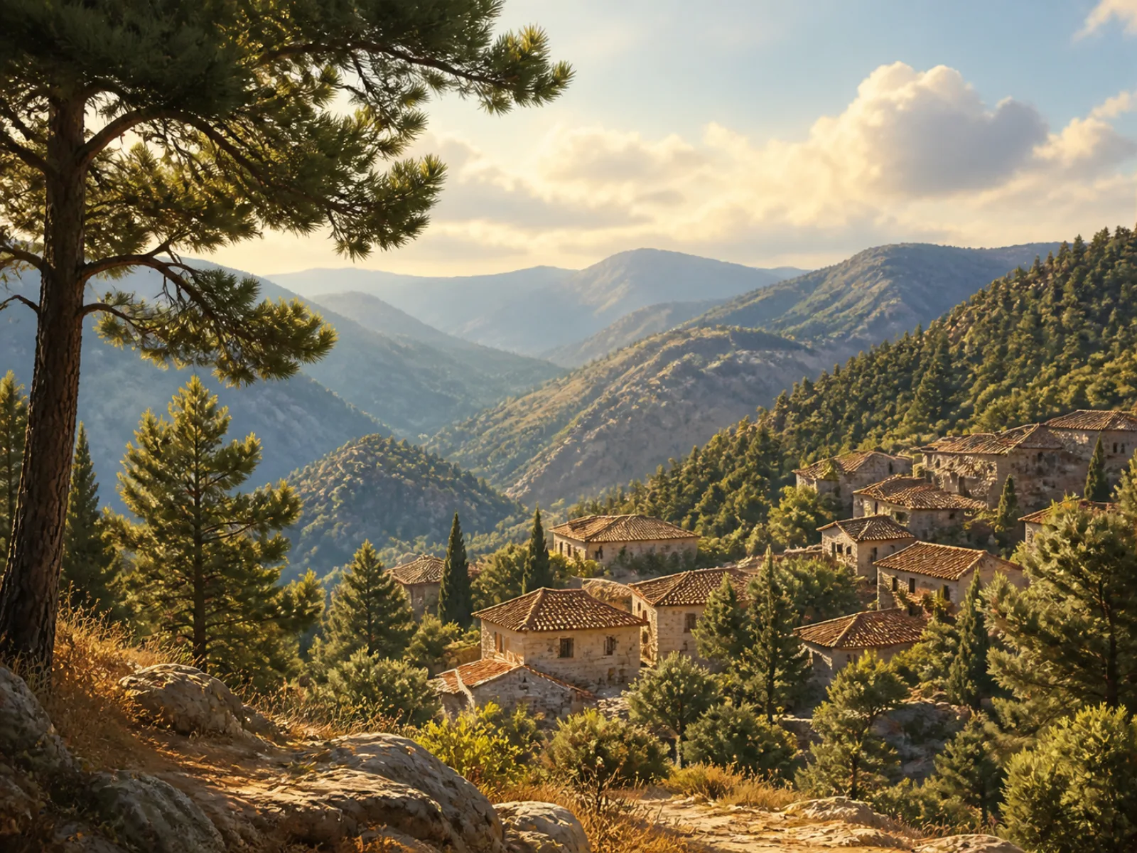 Illustrated Troodos pine slopes and stone village roofs in mountain light