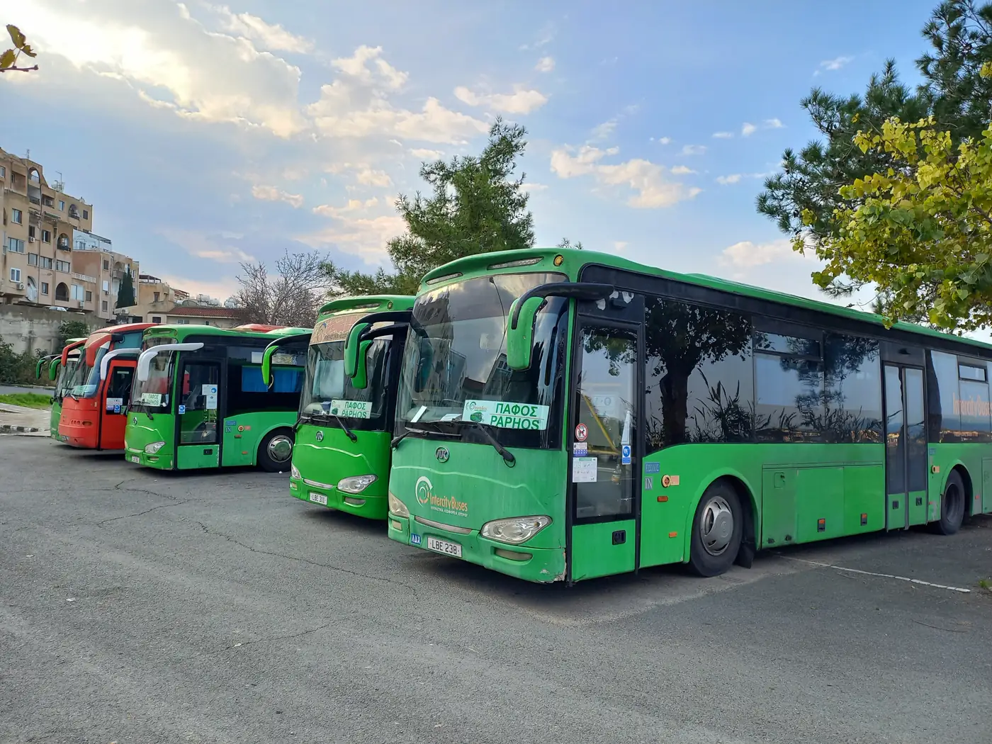 A row of green Intercity Buses coaches parked side by side at a bus station in Paphos, a red coach at the far end.