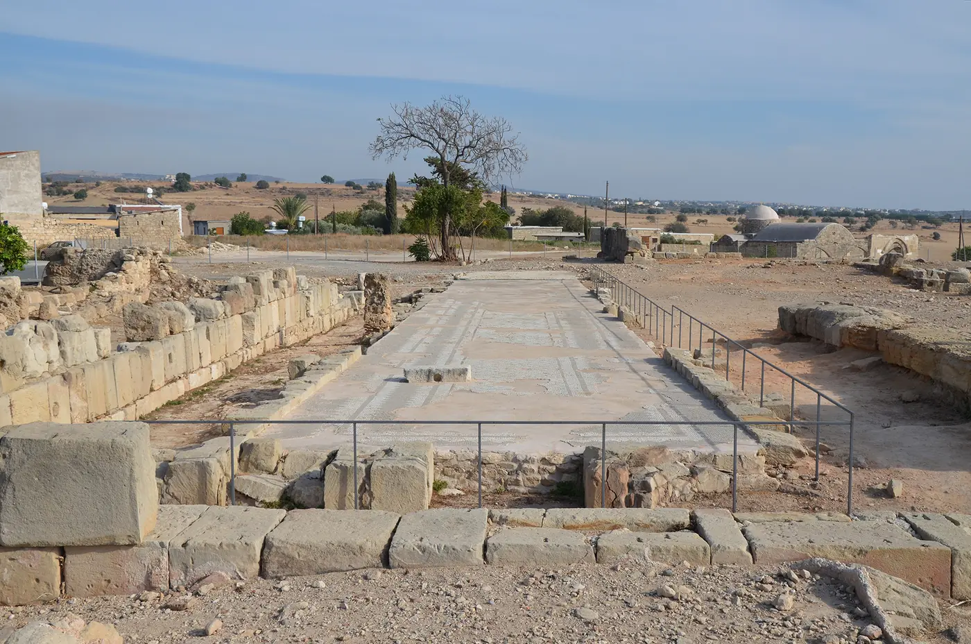 Excavated stone walls and a long paved floor at the Sanctuary of Aphrodite at Palaepaphos, with a lone tree and low hills behind under a pale sky.