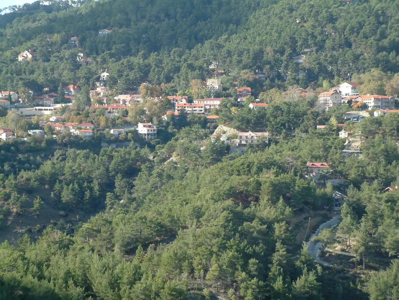 Platres seen across a valley: white houses with red roofs spread along a pine-covered mountainside, a road winding up through the trees.